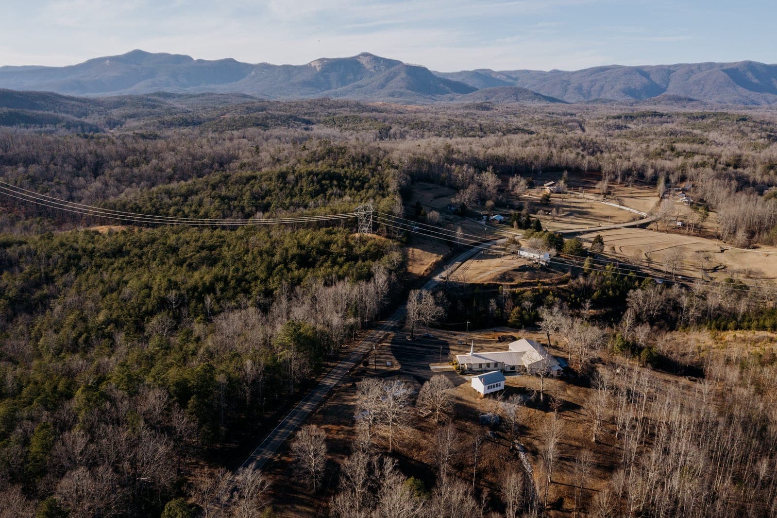Aerial view of the Soapstone Baptist Church grounds and the surrounding rolling hills