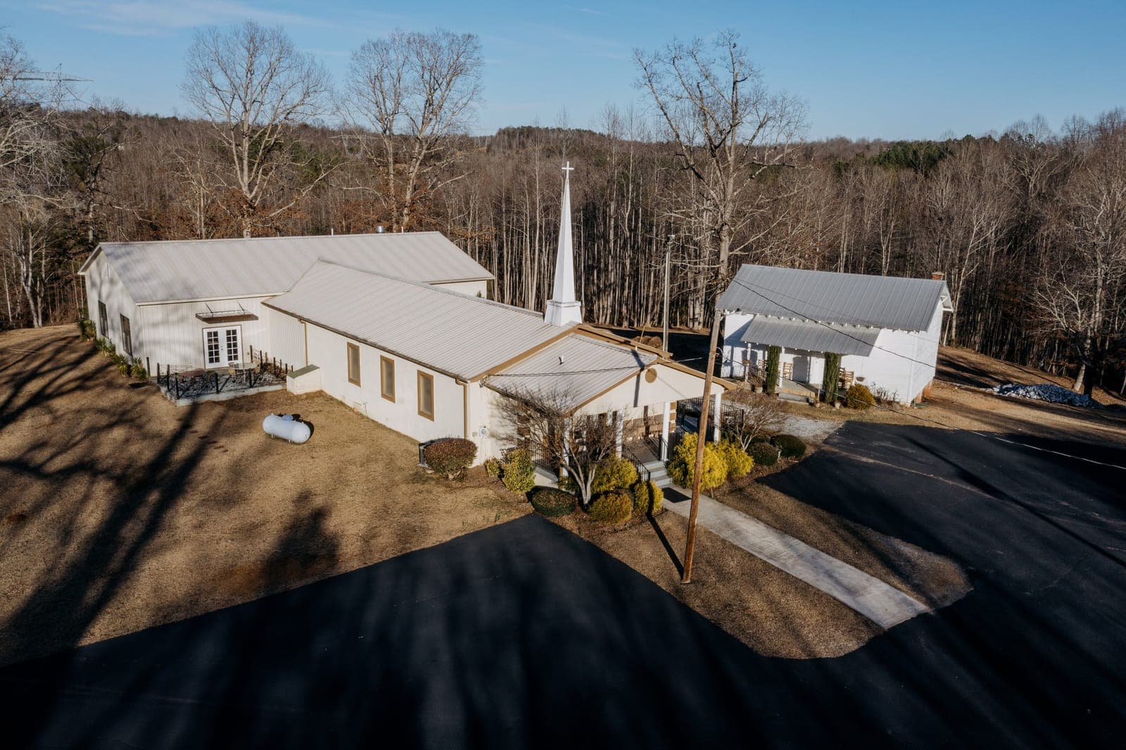 Aerial drone view of the Soapstone Baptist Church complex and surrounding grounds