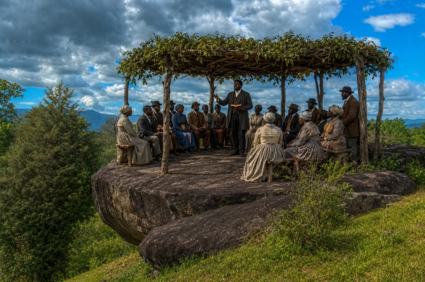 A reenactment of a congregation gathered for worship beneath a brush arbor atop the soapstone boulder, with a mountain view behind them